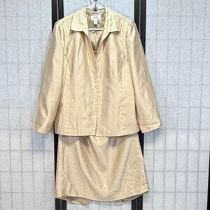 Talbots 2 Pc Skirt Suit Open Front Jacket + Back Slit Maxi Skirt Silk Beige